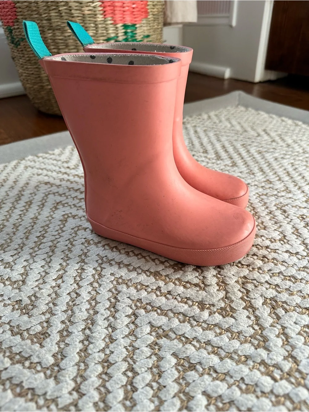 Kids Coral Waterproof Rain Boots with Teal Pull Tabs